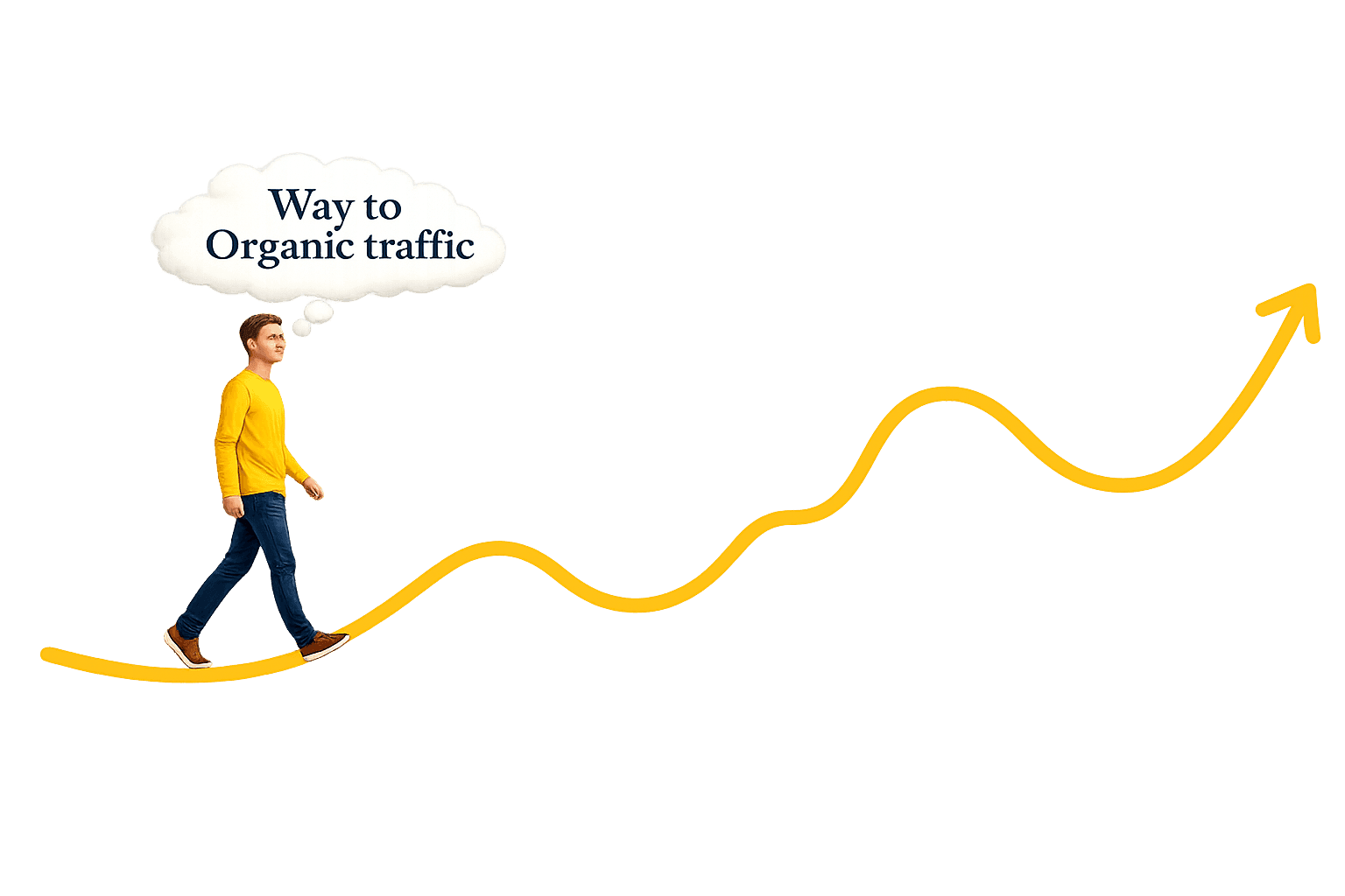 Way to organic traffic - man walking on a rising growth arrow